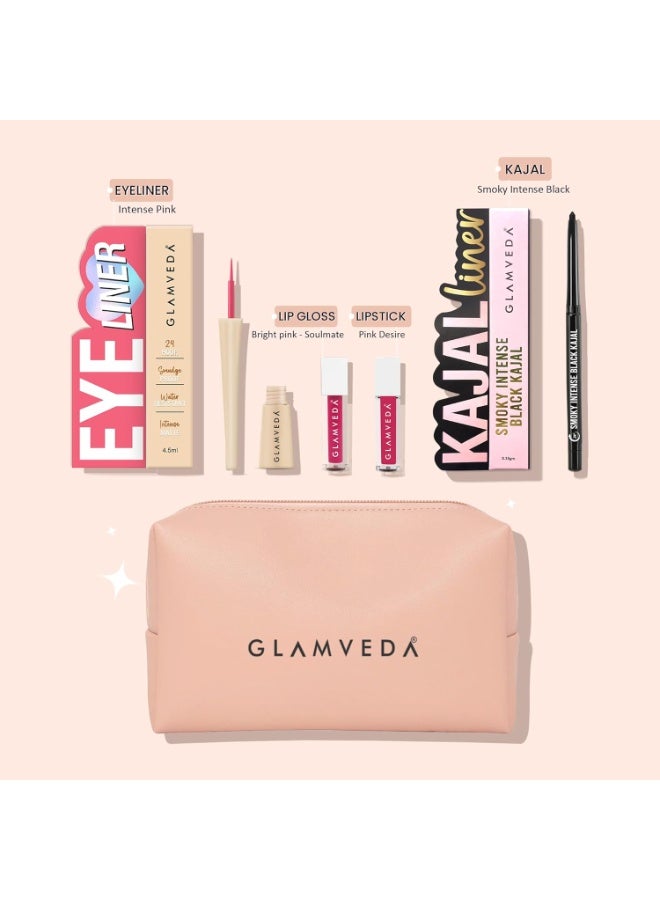 Glamveda Pink Beauty Festive Gift Set of 4 | Makeup Kit with 24H Smoky Black Kajal | Pink Eyeliner | Long-Lasting Liquid Lipstick & Hydrating Lip Gloss | Gift For Woman | Travel Pouch Included - Image 2