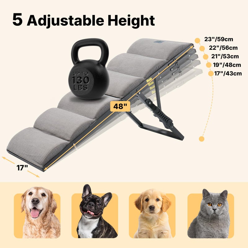 Veehoo Dog Ramp for Bed Couch for Small to Large Dog, Foldable Ramp for Dogs to Get on Bed 5 Adjustable Height from 17" to 23", Pet Cat Stairs Doggy Steps Non Slip with Metal Frame, Up to 130lbs - Image 2