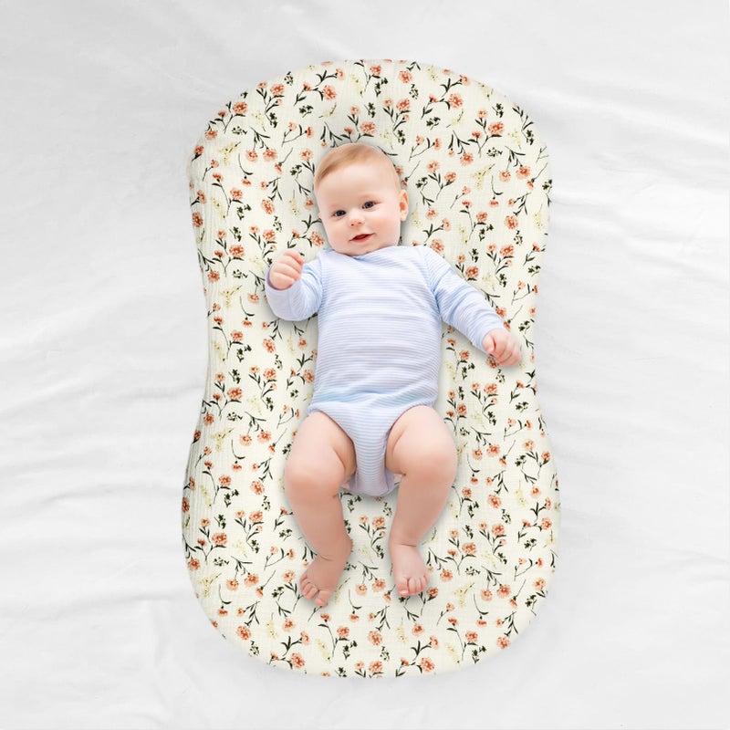 Hooyax Muslin Baby Lounger Cover 2 Pack, Organic Removable Lounger Slipcover for Newborn, Baby Padded Lounger Infant Floor Seat Covers for Boys Girls (Flesh Pink & Floral) - Image 4