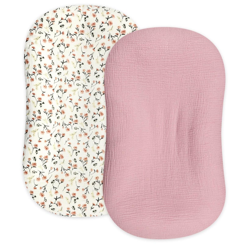 Hooyax Muslin Baby Lounger Cover 2 Pack, Organic Removable Lounger Slipcover for Newborn, Baby Padded Lounger Infant Floor Seat Covers for Boys Girls (Flesh Pink & Floral) - Image 1