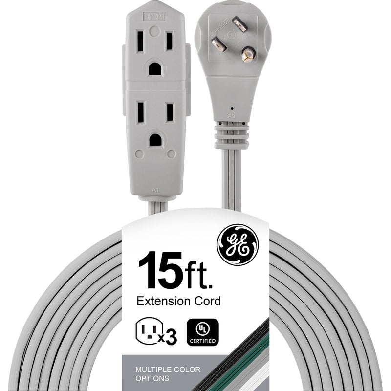 GE 3Outlet Flat Extension Cord 15 Ft Grounded Extension Cord with Multiple Outlets 3 Prong Outlet Extender Flat Plug Power Strip Indoor 16 Gauge UL Listed Gray 43026