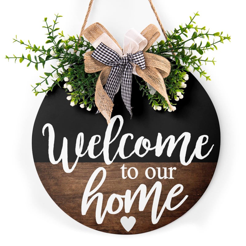 Welcome to Our Home Wooden Front Door Sign Welcome Sign Rustic Round Wreath Wall Hanger Porch Decor Spring and Summer Farmhouse Decoration Housewarming 12 Inches Inch 12 Inch