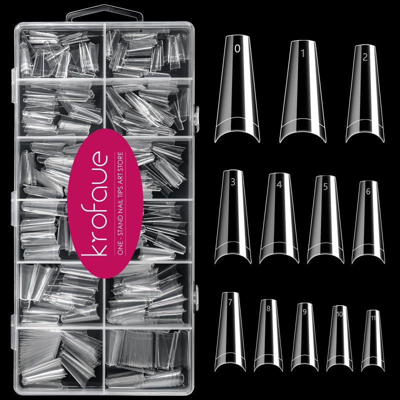 krofaue 600PCS Half Cover Coffin Nail Tips - Acrylic Nail Tips, krofaue 12 Size Clear Nail Tips, Half Cover Acrylic False Nail Tips With Box for Nail Tips Art Salons and Home DIY (Clear) - Image 1