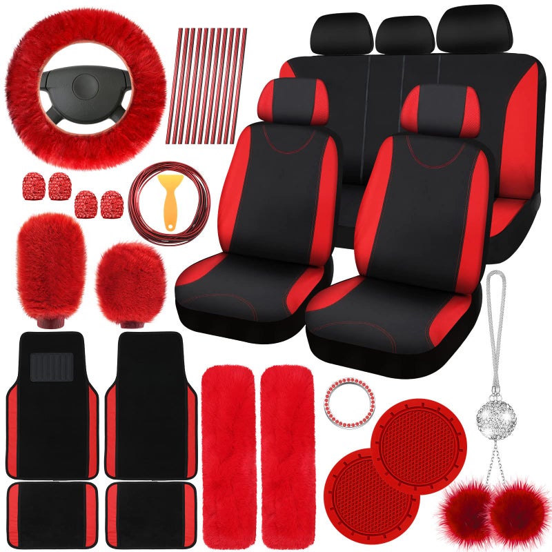 Woanger 47 Car Seat Cover Full Set for Women Included Car Front Rear Seat Fluffy Steering Wheel Cover Belt Automotive Floor Mats Air Conditioner Decoration Strip UniversalRed Black