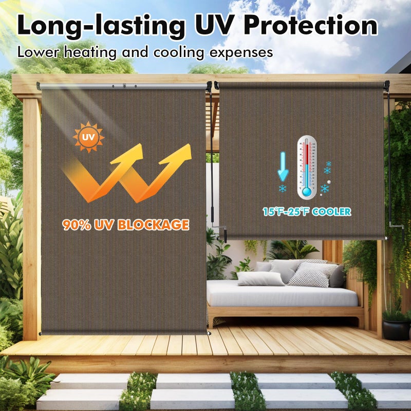Artpuch Outdoor Roller Shade 8' W x 6' H, Mocha Exterior Cordless Patio Shades Roll Up Blinds with Spliced Pole Design, (2 Poles, One-Piece Fabric) - Image 2