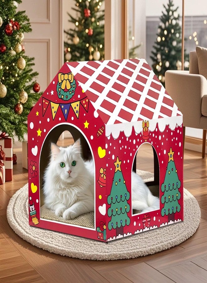 LUCKITTY بيت قطط كرتوني من لاكيتي لعيد الميلاد للقطط المنزلية مع لوحة خدش، زينة مخبأ لعيد الميلاد - Image 1