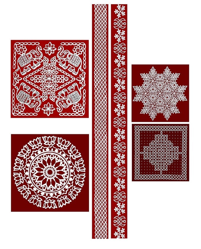 RANGOLIKOLAM STICKER TRADITIONAL HANDMADE KOLAM ARTDESIGN STICKER FOR POOJA ROOM HOME ENTRANCE TILE FLOOR MEROON MS2P MM2P MP2P SIZE10X10 30X2 INCH PACK OF 6