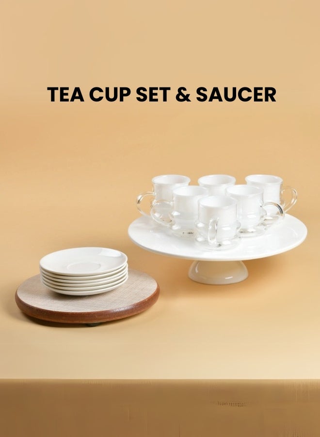 Raz مجموعة من 12 أكواب زجاجية مع صحون بمقبض لشاي وقهوة كاوا باللون الأبيض - Image 1