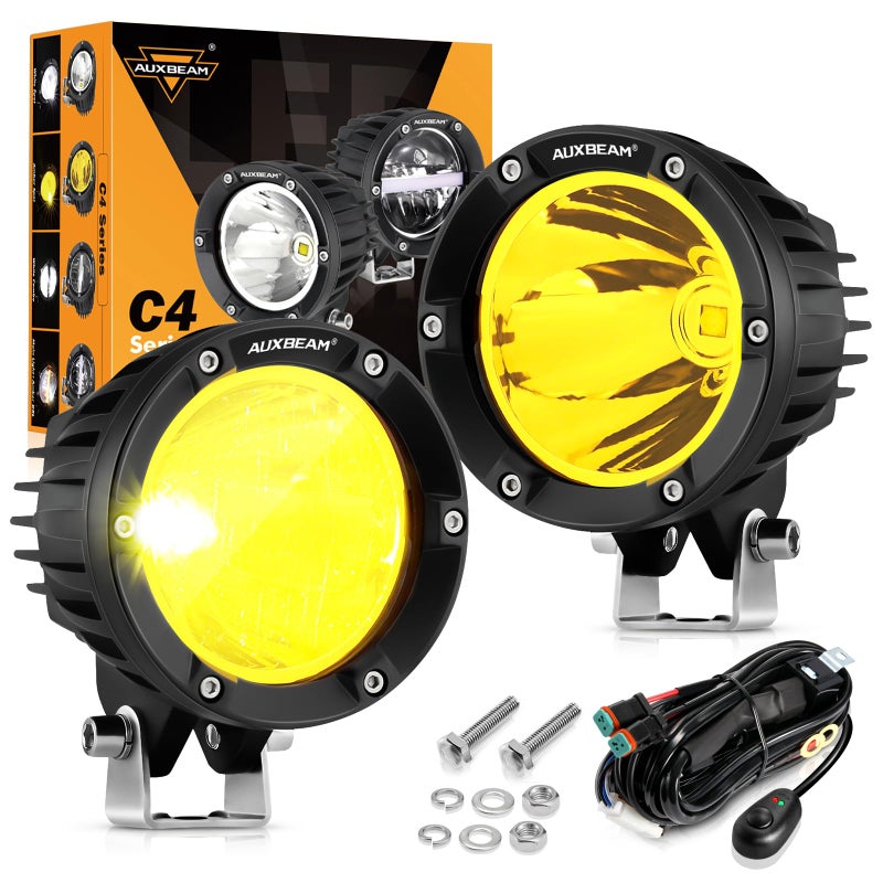أضواء ضباب أمبر 72 واط 4 بوصة من أوكبيم 2PCS 7200LM LED دائرية للطرق الوعرة شعاع أصفر للقيادة في الطرق الوعرة مع مجموعة أسلاك لسيارات جيب وشاحنات بيك أب و ATV و UTV و SUV