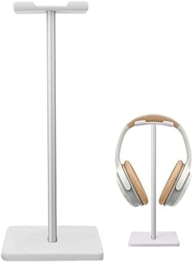 FASHION MANIA Headphone Stand Gaming Headset Holder Universal Aluminum Metal Headphone Holder Hanger with Aluminum Supporting Bar Flexible Headrest ABS Solid Base for All Headphone,White