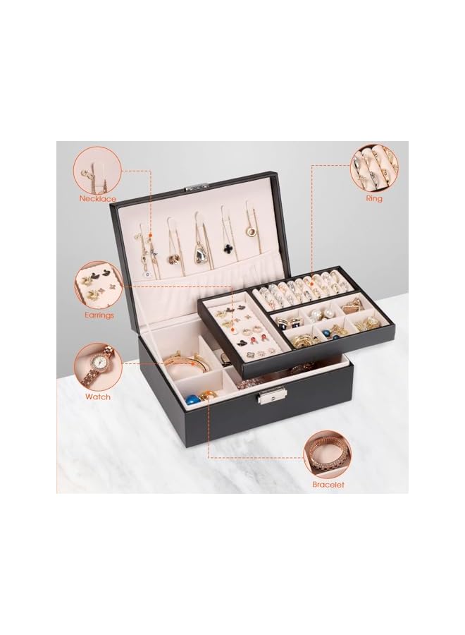 The Bros Jewelry Box for Women Girls Wife Ladies,Jewelry Organizer with Removable Tray Display Earrings Bracelets Rings Necklaces, 2 Layer & Velvet Lined Jewelry Storage Case, Ideal Gift (Black)  - Image 4