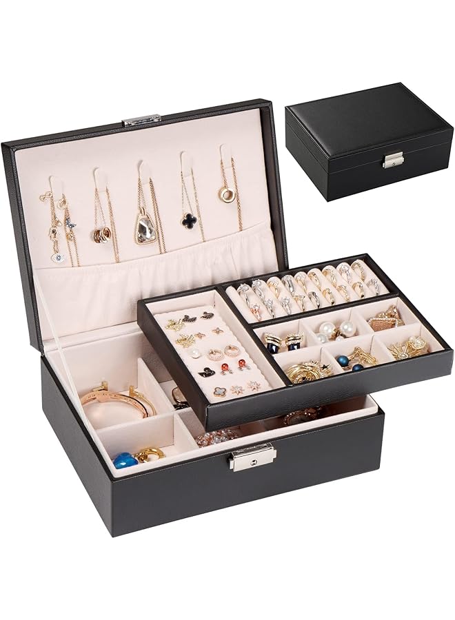 The Bros Jewelry Box for Women Girls Wife Ladies,Jewelry Organizer with Removable Tray Display Earrings Bracelets Rings Necklaces, 2 Layer & Velvet Lined Jewelry Storage Case, Ideal Gift (Black)  - Image 1