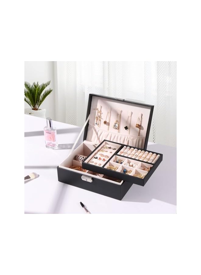 The Bros Jewelry Box for Women Girls Wife Ladies,Jewelry Organizer with Removable Tray Display Earrings Bracelets Rings Necklaces, 2 Layer & Velvet Lined Jewelry Storage Case, Ideal Gift (Black)  - Image 5
