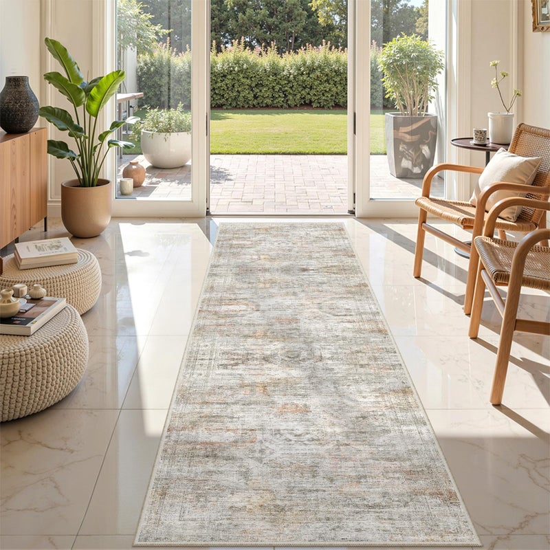 Restydon Rug Runners for Hallways Non Slip - 2x8 Runner Rug for Bedroom, Washable Runner with Rubber Backing, Soft Low-Pile Carpet for Kitchen, Laundry, Bathroom (2'x8', Grey/Rust) - Image 2