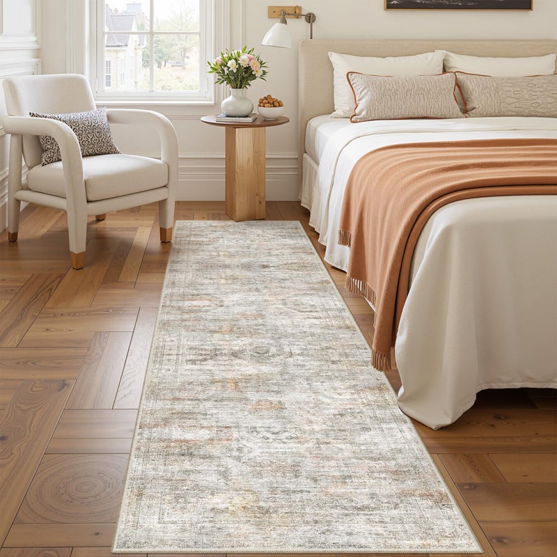 Restydon Rug Runners for Hallways Non Slip - 2x8 Runner Rug for Bedroom, Washable Runner with Rubber Backing, Soft Low-Pile Carpet for Kitchen, Laundry, Bathroom (2'x8', Grey/Rust) - Image 3