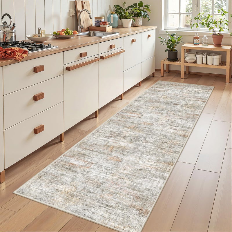 Restydon Rug Runners for Hallways Non Slip - 2x8 Runner Rug for Bedroom, Washable Runner with Rubber Backing, Soft Low-Pile Carpet for Kitchen, Laundry, Bathroom (2'x8', Grey/Rust) - Image 4