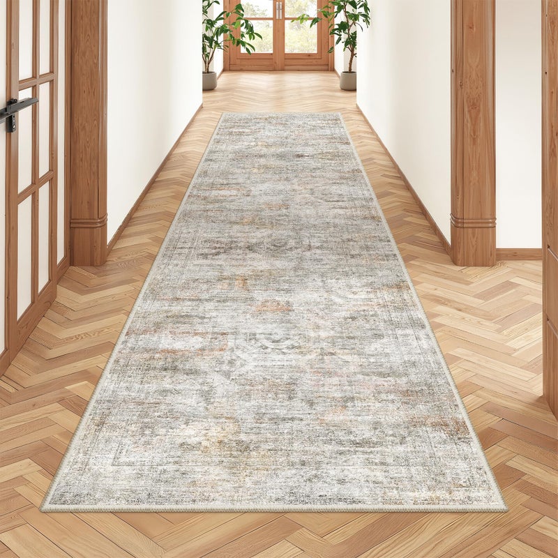 Restydon Rug Runners for Hallways Non Slip - 2x8 Runner Rug for Bedroom, Washable Runner with Rubber Backing, Soft Low-Pile Carpet for Kitchen, Laundry, Bathroom (2'x8', Grey/Rust) - Image 1