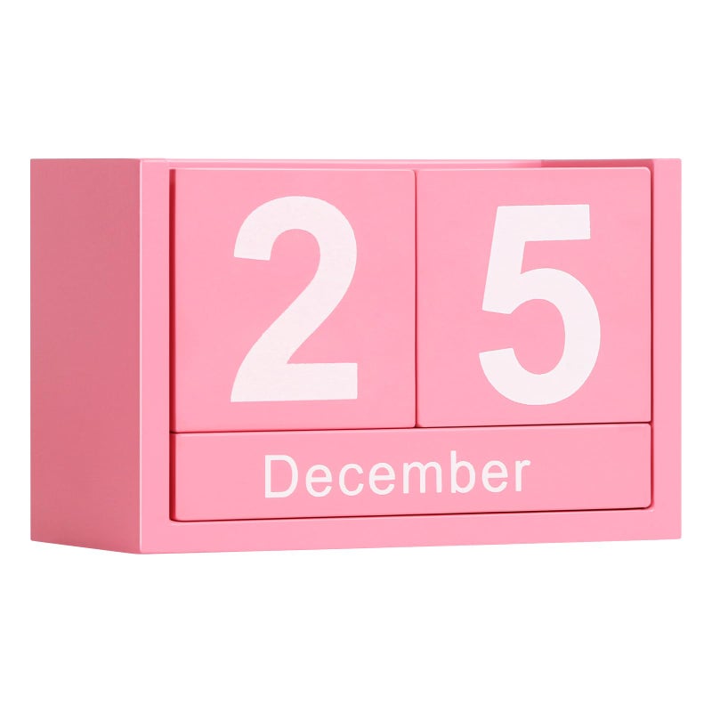DEERINE Wooden Block Calendar for Desk, Small Size Daily Desktop Perpetual Desk Calendar, Cute Date Display Desk Accessories for Home Office Decor, Teacher, Classroom, Reusable Yearly, Pink - Image 1