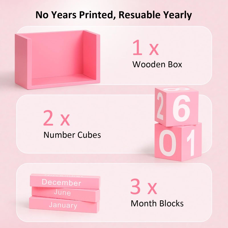 DEERINE Wooden Block Calendar for Desk, Small Size Daily Desktop Perpetual Desk Calendar, Cute Date Display Desk Accessories for Home Office Decor, Teacher, Classroom, Reusable Yearly, Pink - Image 4