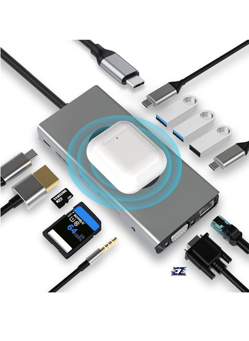 ELTRAZONE 13-in-1 USB C Docking Station with Wireless Charging, 4K HDMI, VGA, USB 3.0, USB C, Ethernet, and More – Ultimate Connectivity Hub for MacBook Pro & Type-C Devices – Expand Your Workspace - Image 1