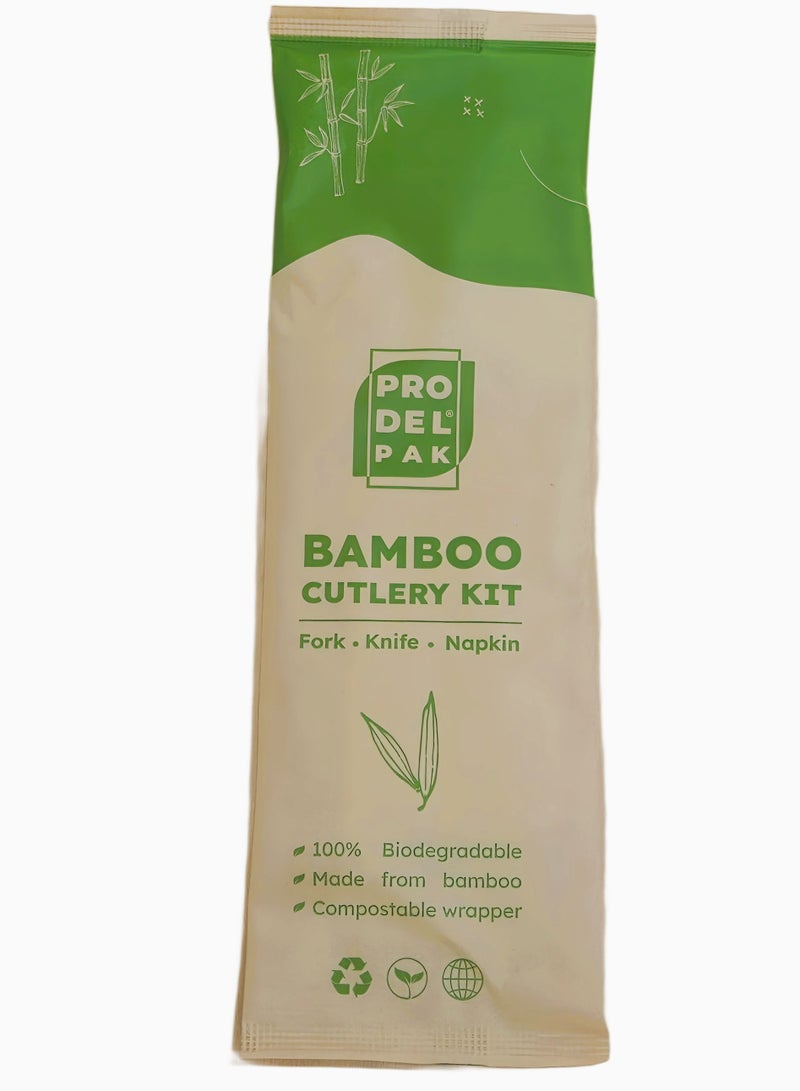 ProdelPak Bamboo Cutlery Set 2+1 (Fork,Knife+Tissue)-50Pcs - Image 1