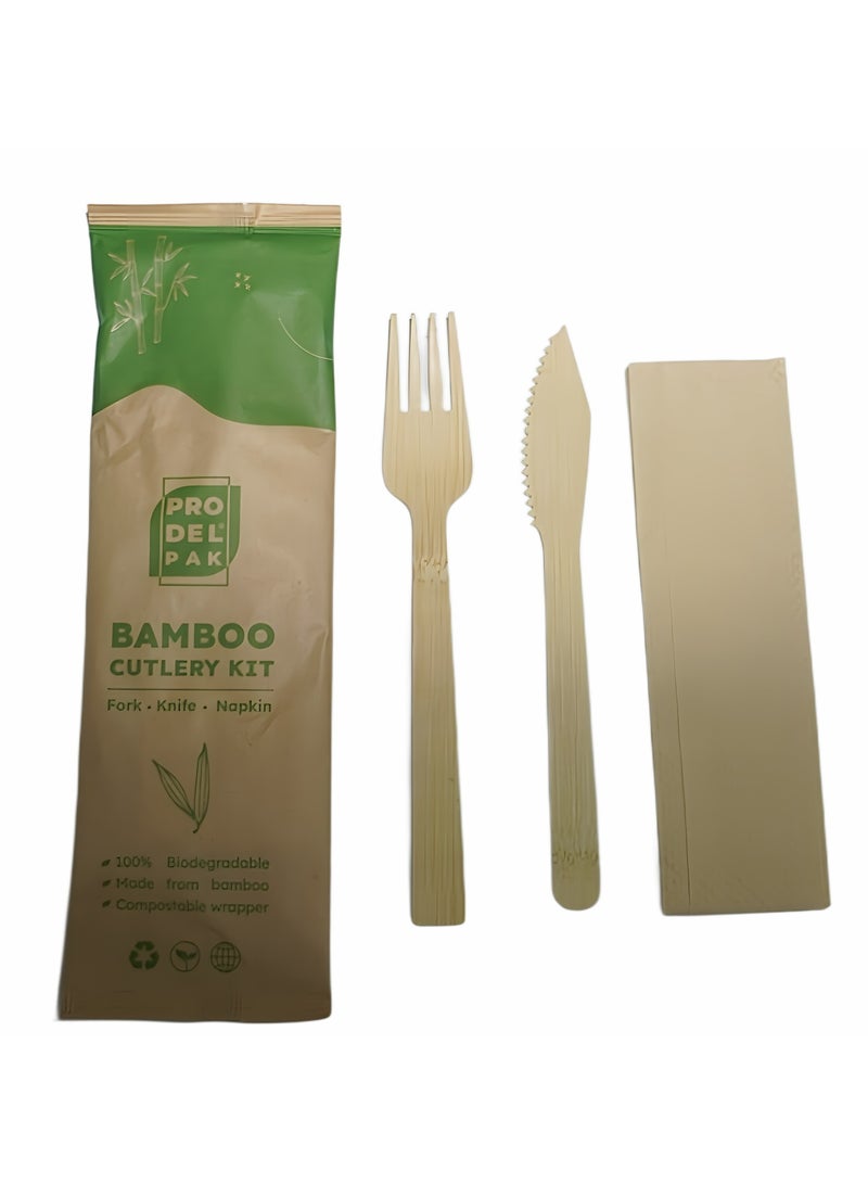 ProdelPak Bamboo Cutlery Set 2+1 (Fork,Knife+Tissue)-50Pcs - Image 2