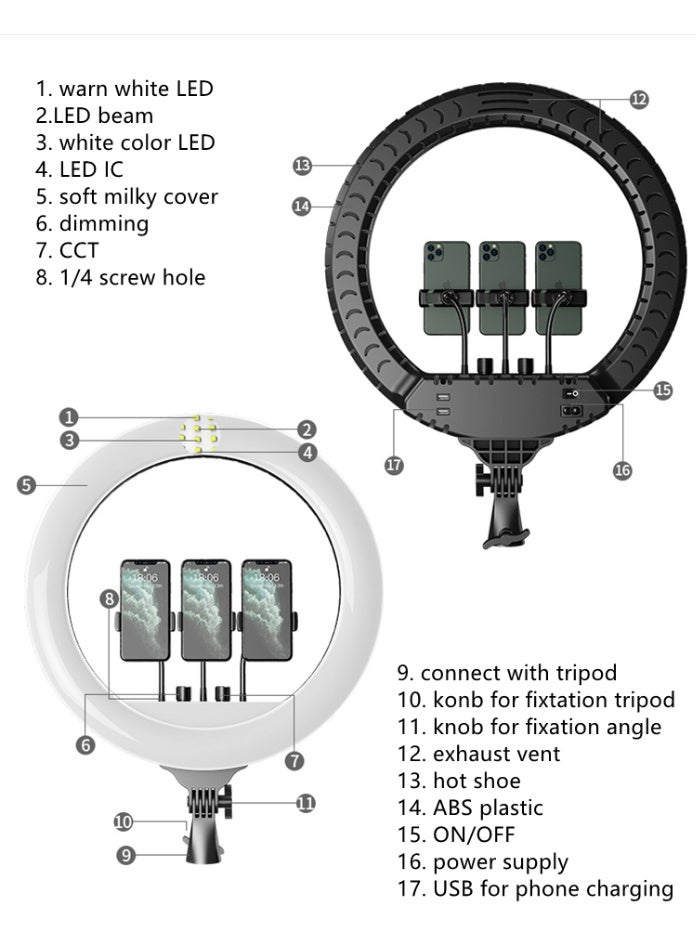 حلقة إضاءة LED كبيرة قابلة للتعتيم مقاس 18 بوصة مع حامل حائط وجهاز تحكم عن بعد وحقيبة حمل - مثالية للمكياج والصور الشخصية والبث المباشر وتصوير الفيديو - Image 3