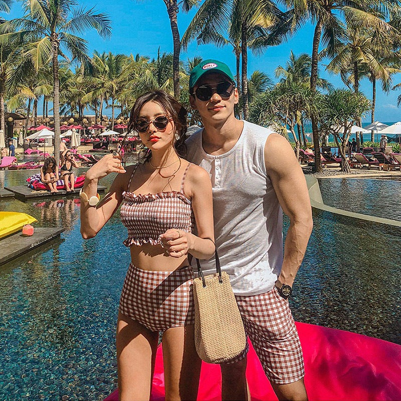 Korean Style Ins New Plaid Lace High Waist Belly Covering Steel Push-Up Split Swimsuit For Women And Men Beach Pants - Image 3