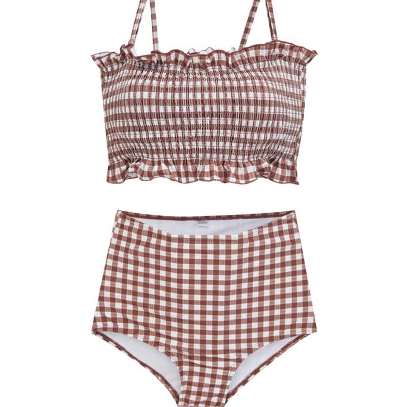 Korean Style Ins New Plaid Lace High Waist Belly Covering Steel Push-Up Split Swimsuit For Women And Men Beach Pants - Image 1