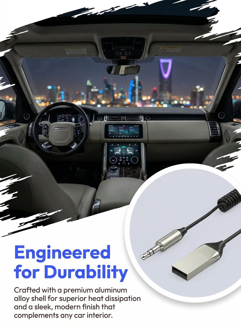 Bluetooth 5.4 AUX Car Audio Receiver, Wireless 3.5mm Adapter with Built-in Microphone, Hands-Free Calling, Coiled Cable, Plug & Play for Car Stereo - Image 4