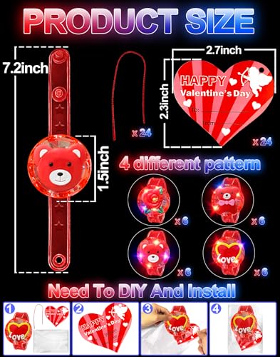 AMENON 24 Pack Valentines Day Gifts for Kids 48 812 LED Bracelets Valentines Party FavorsValentines Day Cards for Kids School Flashing Bracelets Glow in the Dark for Classroom Girls Boys Exchange Prizes - Image 5