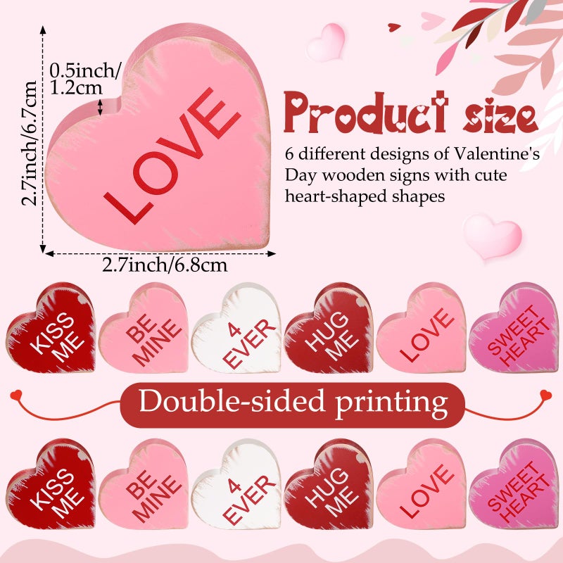 Qunclay 6 Pieces Valentine's Day Wooden Signs Colorful Heart Shaped Wood Tabletop Decor Valentine Tiered Tray Decor Love You Be Mine Kiss Me Table Centerpieces for Valentine (Rustic Style,2.7 x 2.7 x 0.6 In) - Image 2