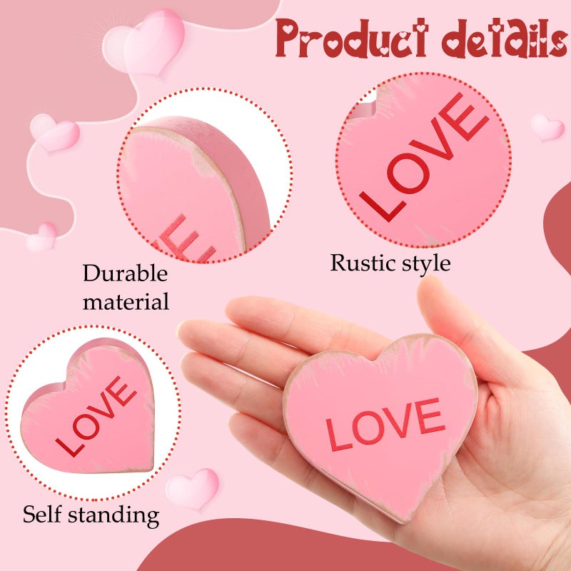 Qunclay 6 Pieces Valentine's Day Wooden Signs Colorful Heart Shaped Wood Tabletop Decor Valentine Tiered Tray Decor Love You Be Mine Kiss Me Table Centerpieces for Valentine (Rustic Style,2.7 x 2.7 x 0.6 In) - Image 3