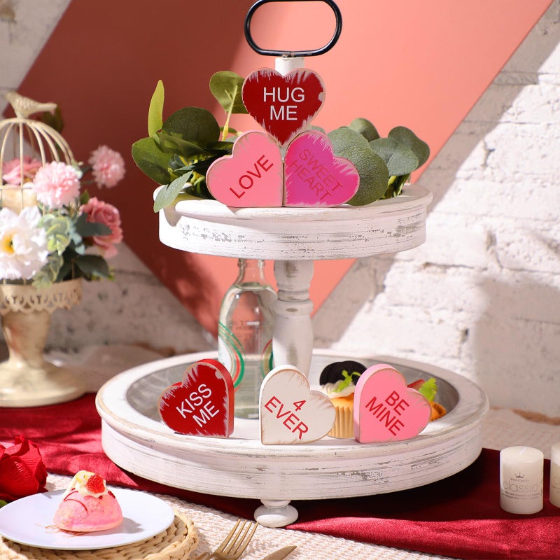 Qunclay 6 Pieces Valentine's Day Wooden Signs Colorful Heart Shaped Wood Tabletop Decor Valentine Tiered Tray Decor Love You Be Mine Kiss Me Table Centerpieces for Valentine (Rustic Style,2.7 x 2.7 x 0.6 In) - Image 5