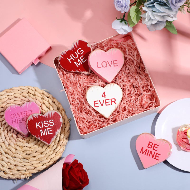 Qunclay 6 Pieces Valentine's Day Wooden Signs Colorful Heart Shaped Wood Tabletop Decor Valentine Tiered Tray Decor Love You Be Mine Kiss Me Table Centerpieces for Valentine (Rustic Style,2.7 x 2.7 x 0.6 In) - Image 4