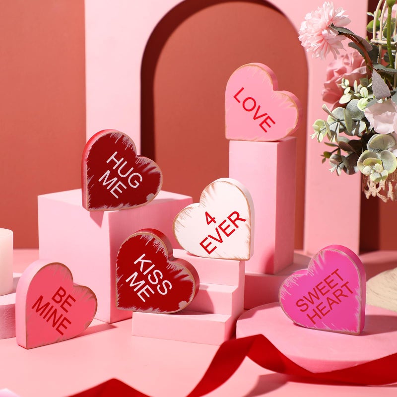 Qunclay 6 Pieces Valentine's Day Wooden Signs Colorful Heart Shaped Wood Tabletop Decor Valentine Tiered Tray Decor Love You Be Mine Kiss Me Table Centerpieces for Valentine (Rustic Style,2.7 x 2.7 x 0.6 In) - Image 1