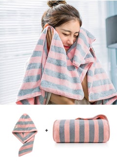 Royee Bath Towel+Dry Hair Cap, Thickened Striped Bath Towel, Absorbent Beach Towel， 140 * 70cm  - Image 1