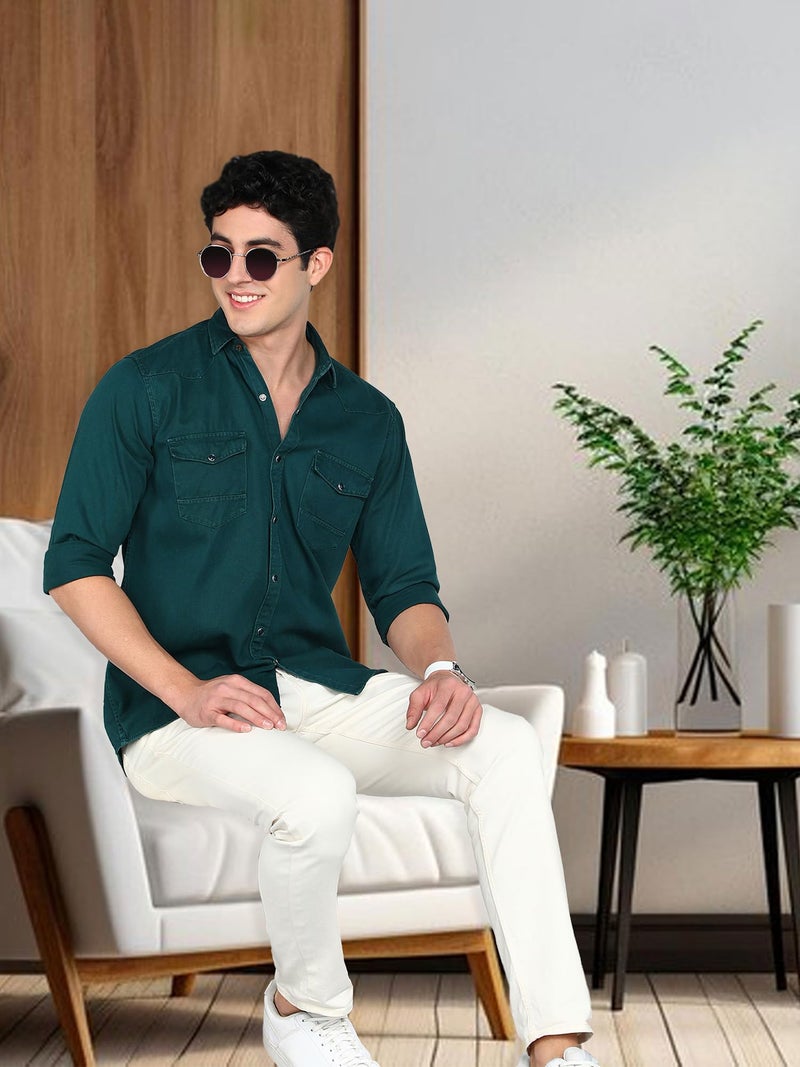 Kuons Avenue Men's Denim Casual Shirt | Double Pocket Shirt for Men (in, Alpha, M, Regular, Teal Green) - Image 3