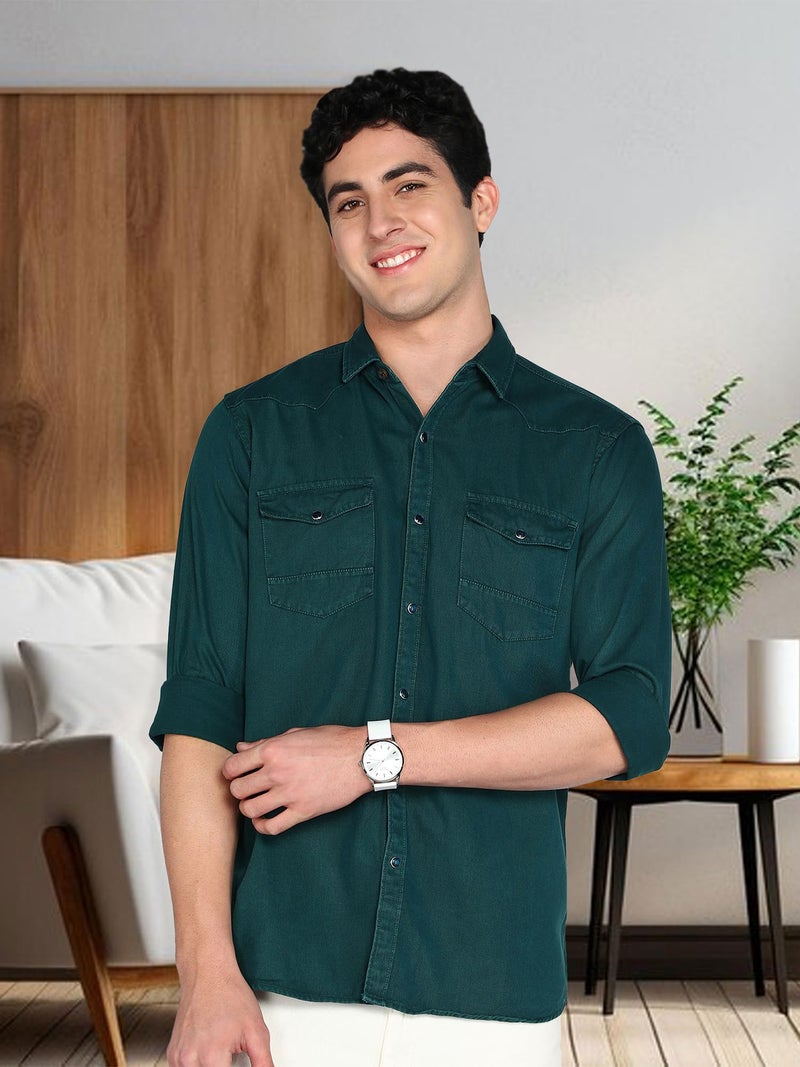 Kuons Avenue Men's Denim Casual Shirt | Double Pocket Shirt for Men (in, Alpha, M, Regular, Teal Green) - Image 4