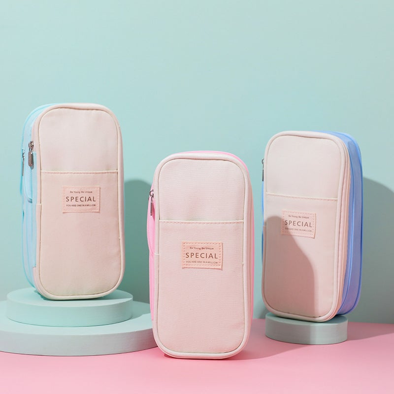 Spot Multi-Layer Canvas Retractable Pencil Case Korean Simple High School Students Macaron Color Matching Can Be Transformed Into Large Capacity Pencil Case - Image 2