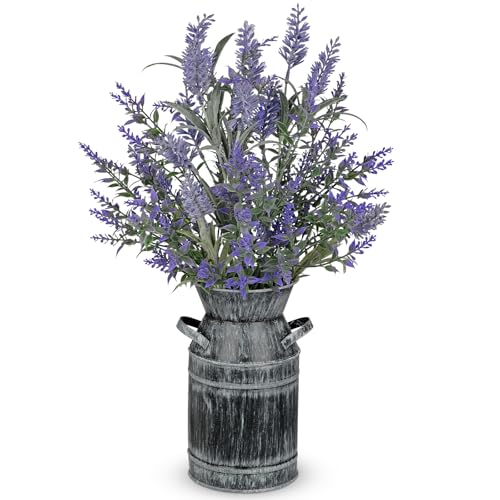 DILATATA Artificial Lavender Flowers with Rustic Metal Vase 17 Inch Faux Lavender Plant Arrangement in Galvanized Planter Vintage Farmhouse Floral Decor for Home Office Kitchen Decor Wedding Table Centerpiece - Image 1