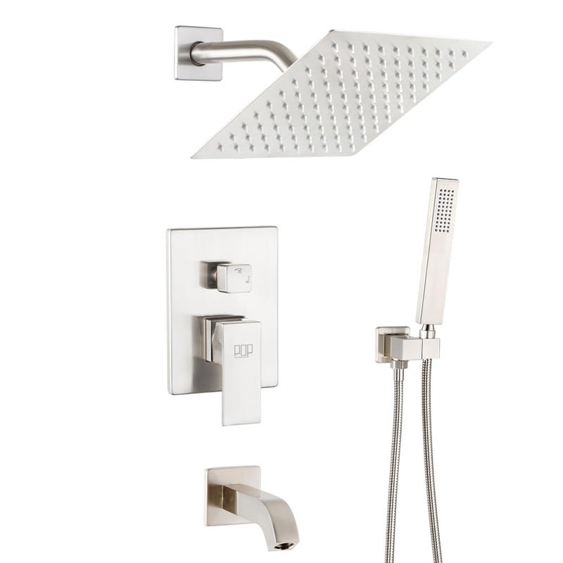 POP SANITARYWARE Shower Tub Faucet Set Brushed Nickel Bathroom 8 Inch Shower Head System with Tub Spout Wall Mounted Singe Handle Tub and Shower Trim Kit with Valve