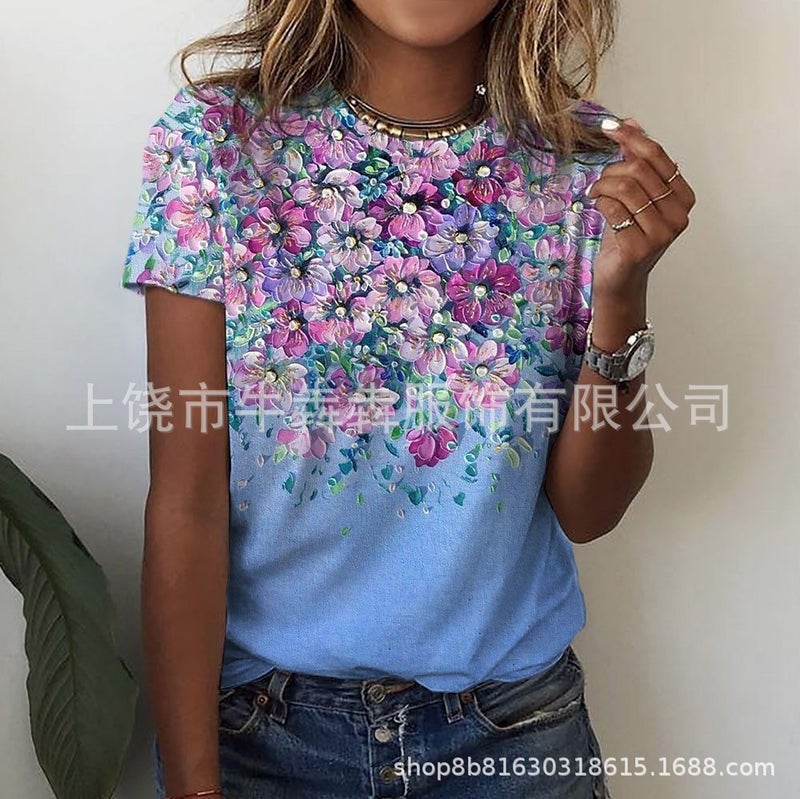 Summer 3Dt Shirt Short Sleeve Leisure Floral Wind Printing Ladies Short Sleeve T-Shirt - Image 1