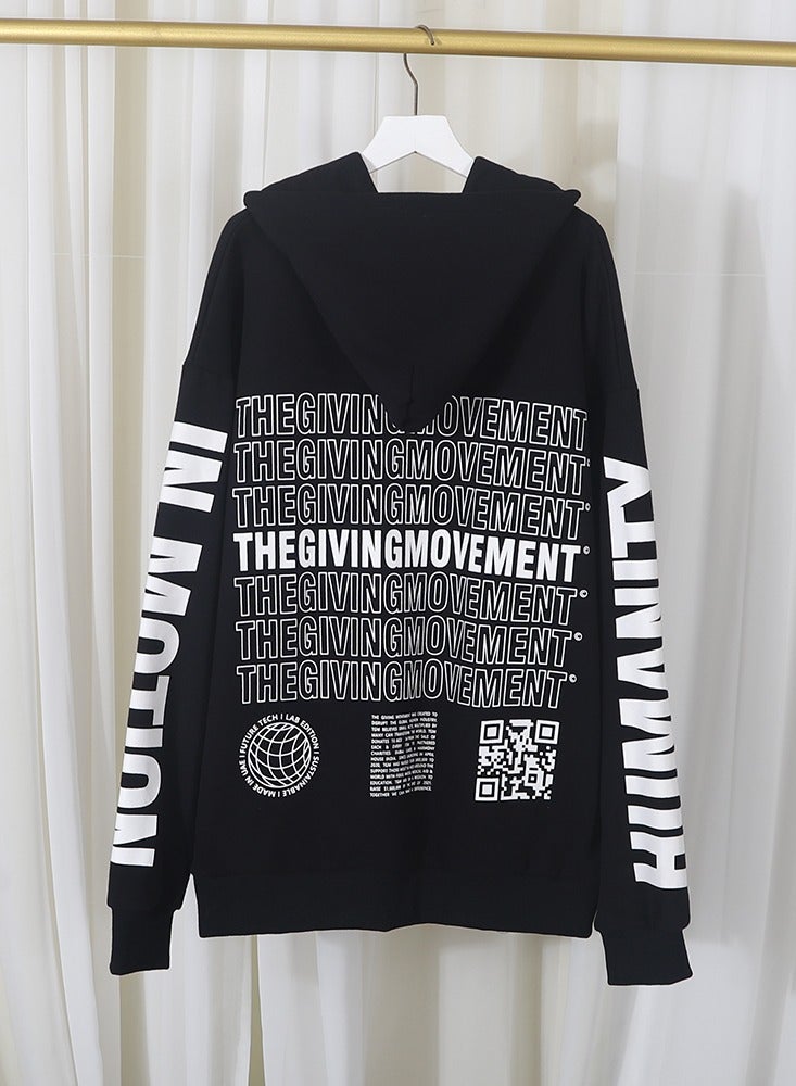 يونيفرسال الرجال القطن رسالة طباعة الرباط كم طويل هوديي عارضة قميص من النوع الثقيل - Image 1