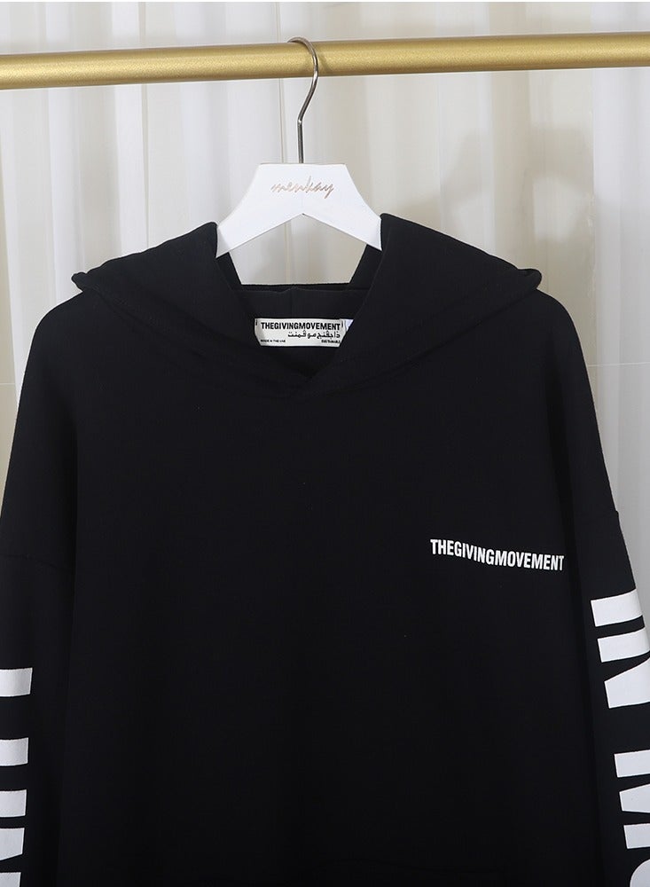 يونيفرسال الرجال القطن رسالة طباعة الرباط كم طويل هوديي عارضة قميص من النوع الثقيل - Image 3