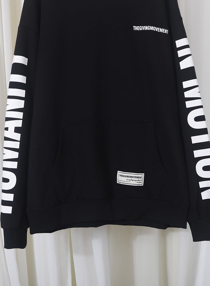 يونيفرسال الرجال القطن رسالة طباعة الرباط كم طويل هوديي عارضة قميص من النوع الثقيل - Image 4