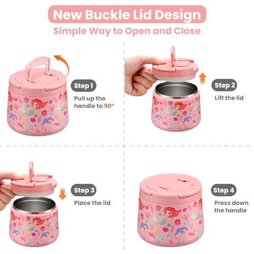 Howeemo 14oz Insulated Vacuum Food Jar with Buckle Lid,Soup Thermo for Hot Food Kids,Wide Mouth Leakproof Stainless Steel Lunch Container with Spoon-Mermaid - Image 4