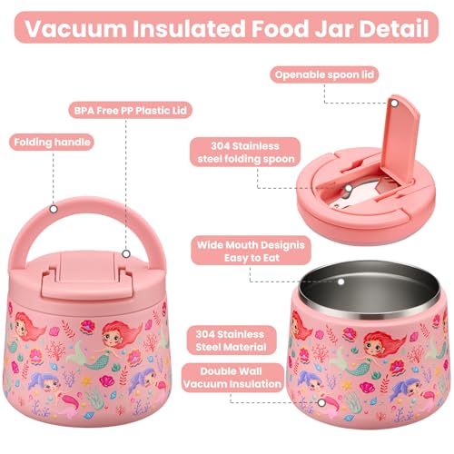 Howeemo 14oz Insulated Vacuum Food Jar with Buckle Lid,Soup Thermo for Hot Food Kids,Wide Mouth Leakproof Stainless Steel Lunch Container with Spoon-Mermaid - Image 2