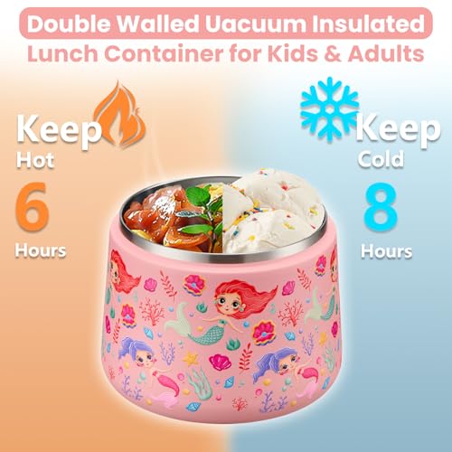 Howeemo 14oz Insulated Vacuum Food Jar with Buckle Lid,Soup Thermo for Hot Food Kids,Wide Mouth Leakproof Stainless Steel Lunch Container with Spoon-Mermaid - Image 5