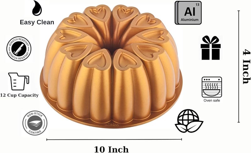 MIENCA Heart Shape Aluminum Cake Pan, Titanium Coating, Non-Stick, 12 Cups, Heavy Duty, Gifts for Mom, Molded Cake Pan, 10 Inch Baking Mold, Cast Aluminum Fluted Tube Pan, Easy to Clean (Gold) - Image 2